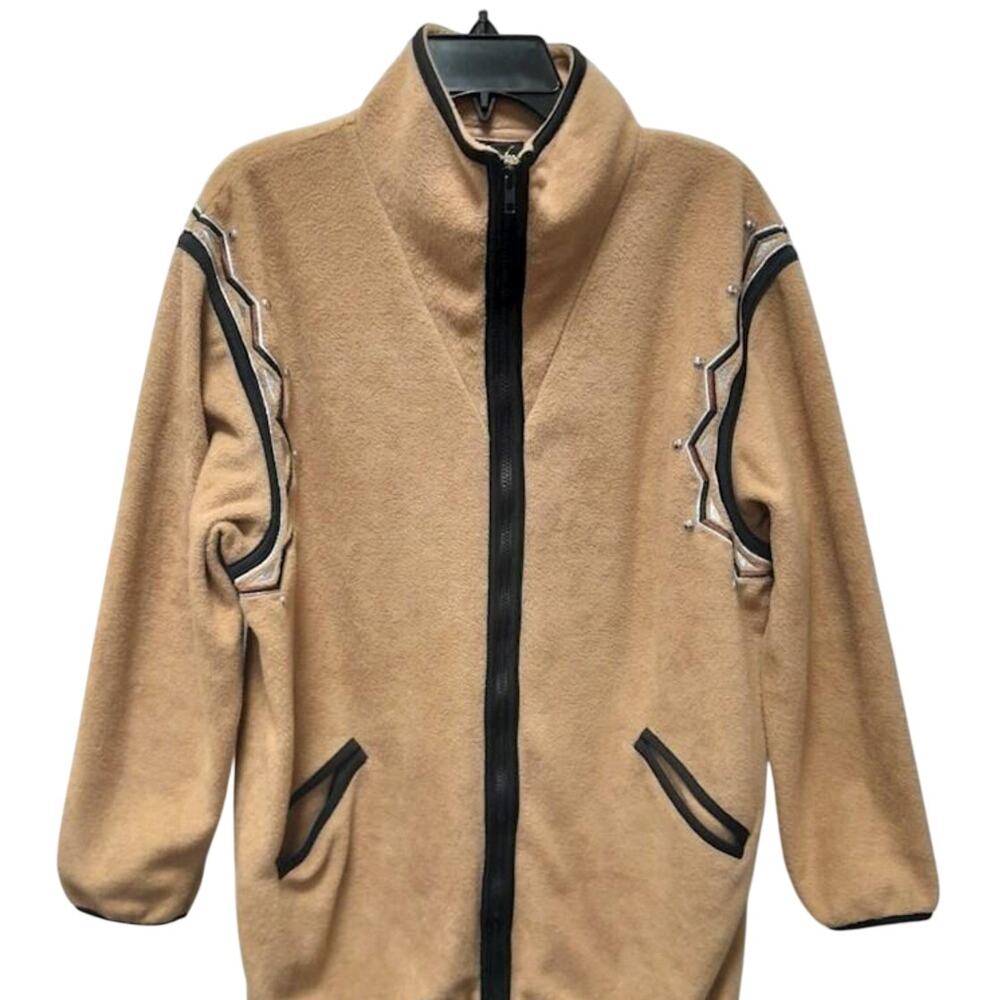 Bob Mackie Wearable Art Fleece Jacket M Tan Southwestern Studded Zip Up 90s VTG